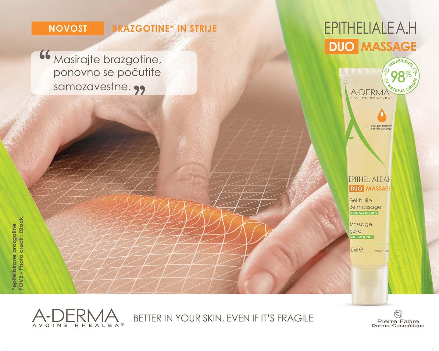 A-DERMA Epitheliale A.H Duo masažno gel-olje izboljša videz brazgotin in rdečih strij. 